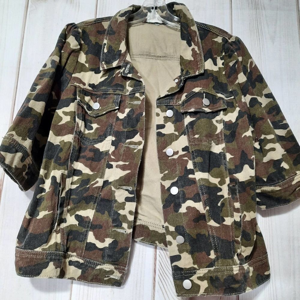 Camo Denim Jacket Button Up 3/4 Sleeve Jean Jacket Military‎ Utility Coat - Picture 5 of 8